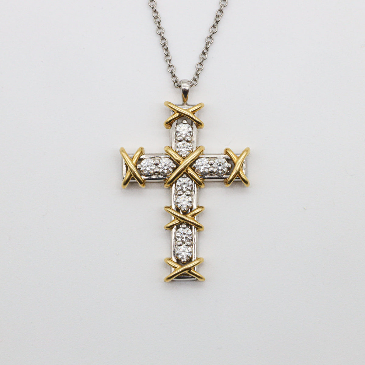 Tiffany & Co. Schlumberger Diamant Kreuz-Halskette Sixteen Stone Platin 750er Gelbgold