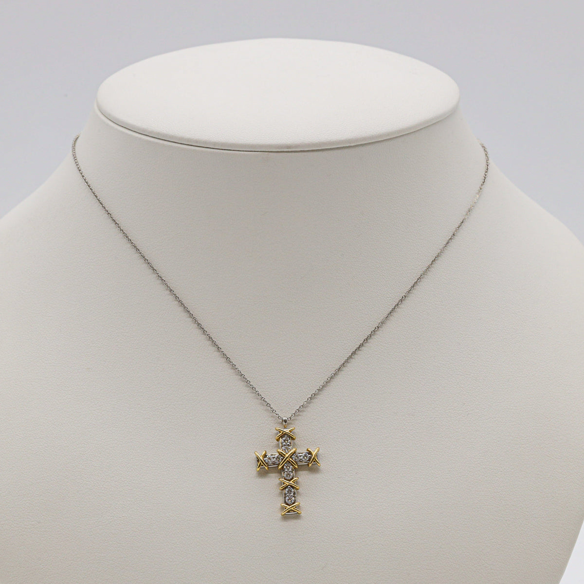 Tiffany & Co. Schlumberger Diamant Kreuz-Halskette Sixteen Stone Platin 750er Gelbgold