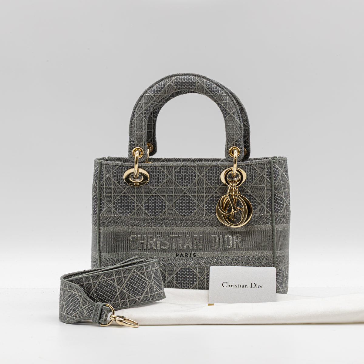 Christian Dior Lady D-Lite Medium Cannage Silber/Grau Canvas Handtasche