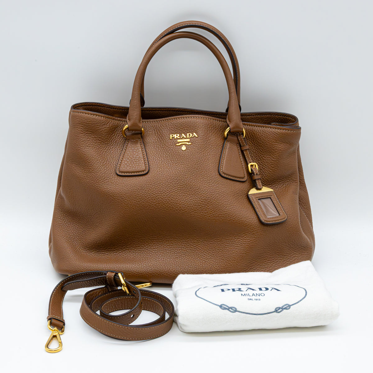 Prada Vitello Daino Leder Shopper Braun Handtasche Schultertasche Kalbsleder Neu