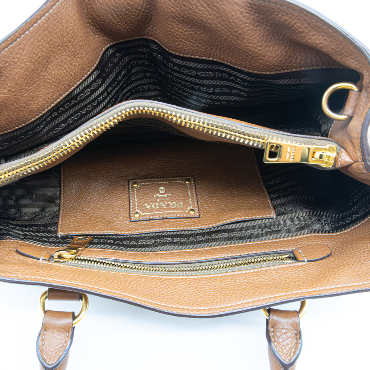 Prada Vitello Daino Leder Shopper Braun Handtasche Schultertasche Kalbsleder Neu
