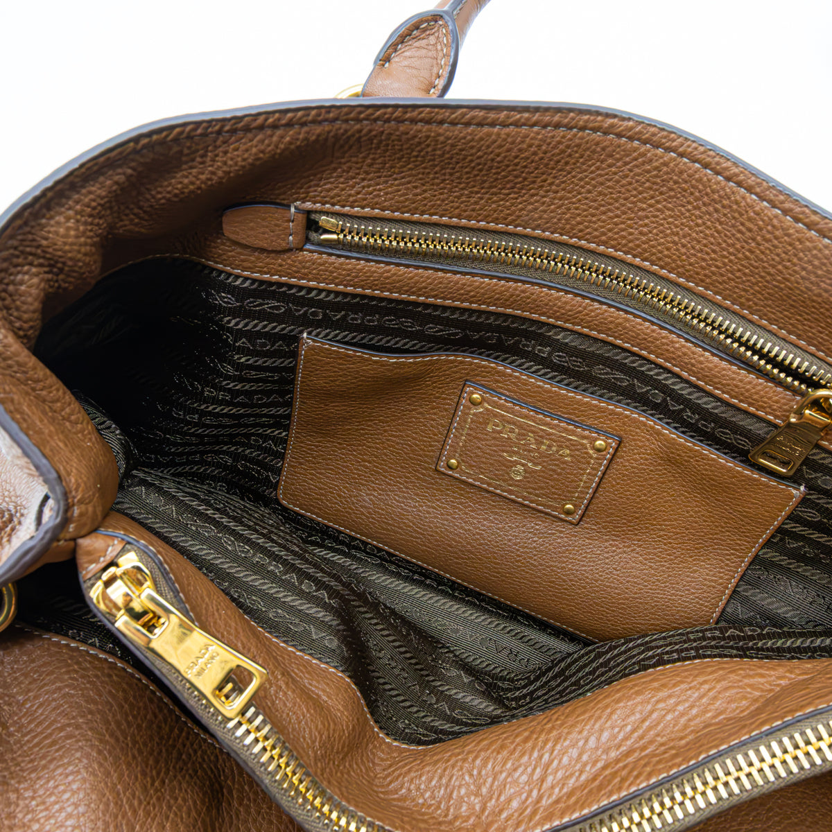 Prada Vitello Daino Leder Shopper Braun Handtasche Schultertasche Kalbsleder Neu