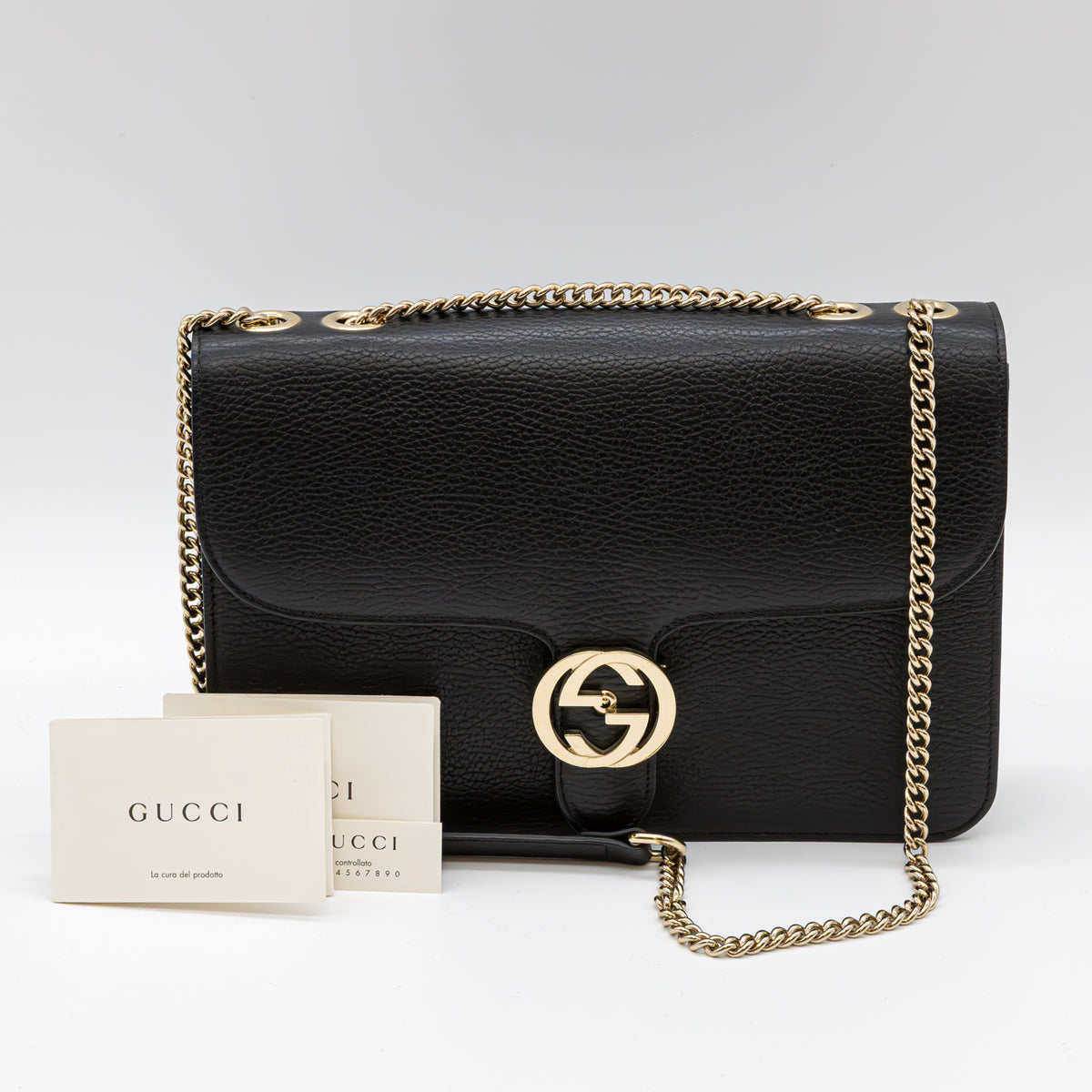 Gucci Interlocking G Medium Schultertasche Schwarz Leder Gold Chain Bag