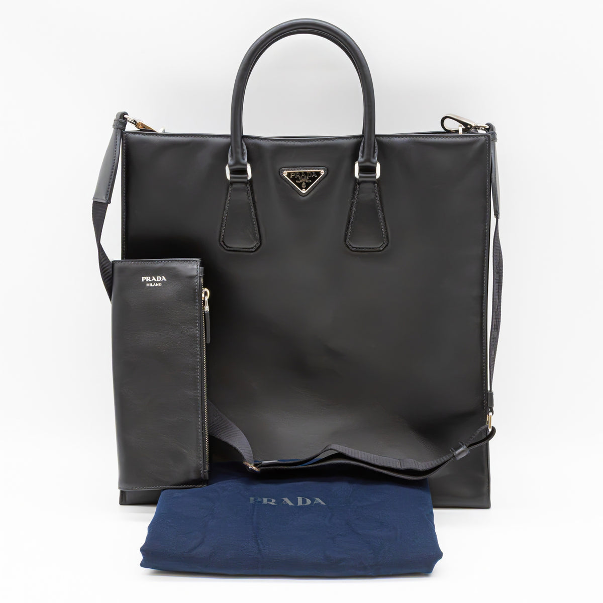 Prada Leder Tote Bag Schwarz Shopper Handtasche Schultertasche mit Pouch