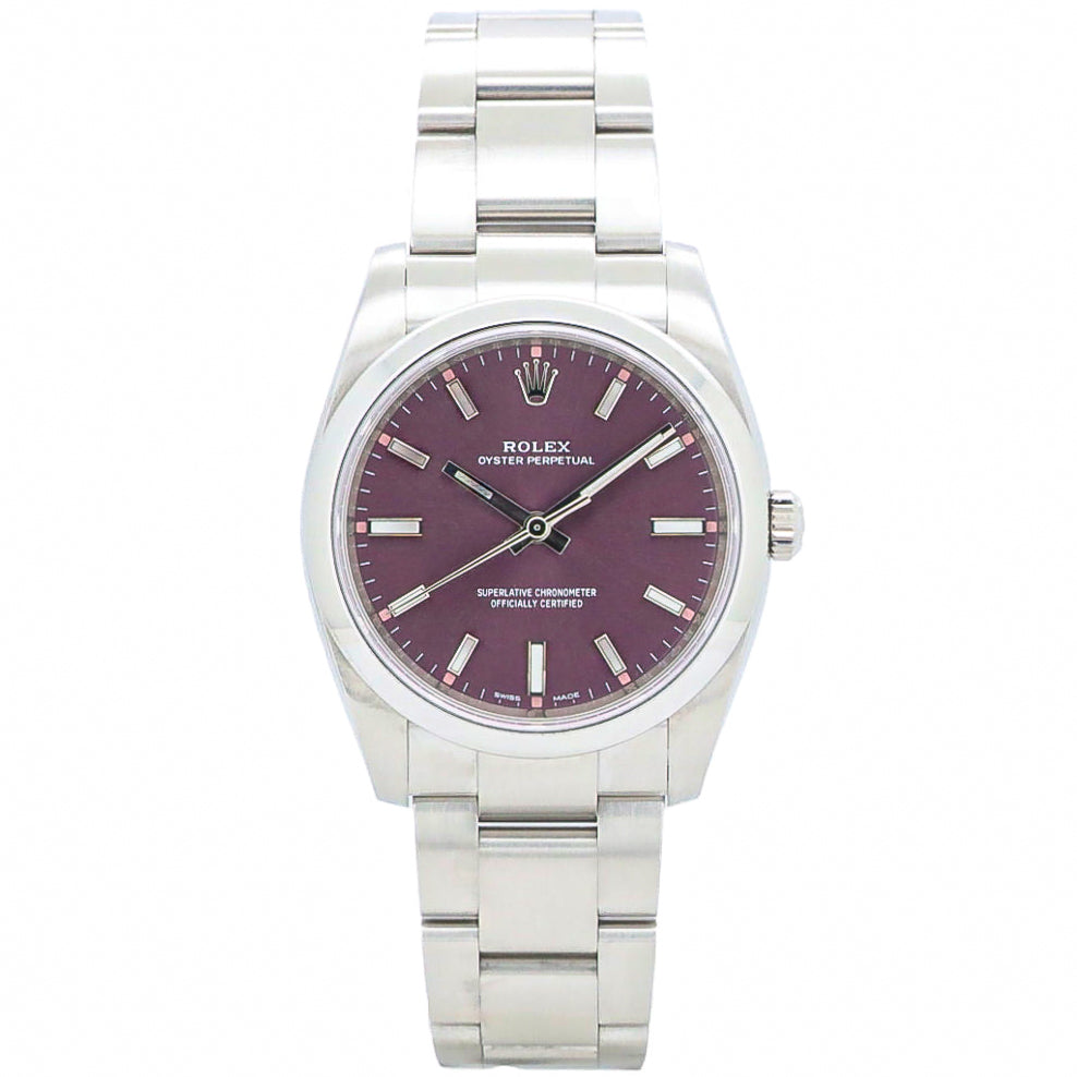 Rolex Oyster Perpetual 34mm 114200 Red Grape Purple Stahl B&P Dif FR19254