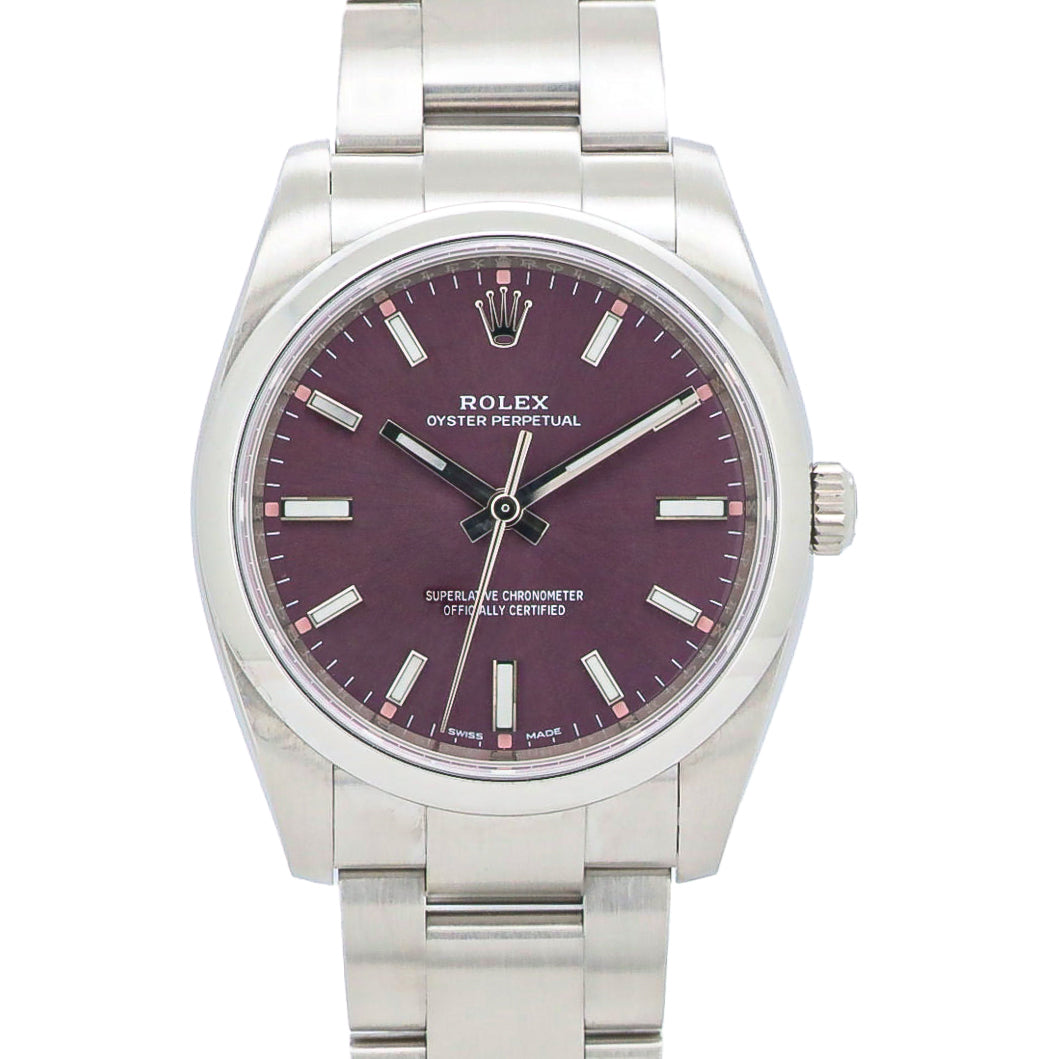 Rolex Oyster Perpetual 34mm 114200 Red Grape Purple Stahl B&P Dif FR19254