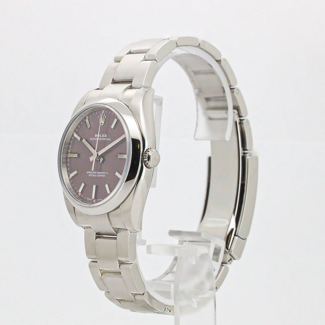 Rolex Oyster Perpetual 34mm 114200 Red Grape Purple Stahl B&P Dif FR19254