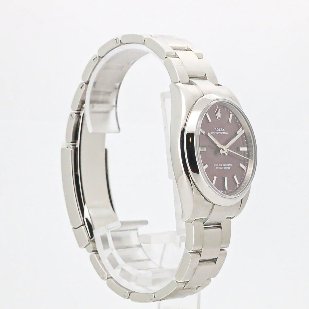 Rolex Oyster Perpetual 34mm 114200 Red Grape Purple Stahl B&P Dif FR19254
