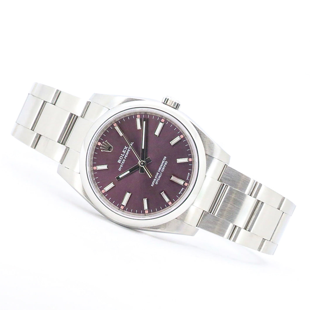 Rolex Oyster Perpetual 34mm 114200 Red Grape Purple Stahl B&P Dif FR19254