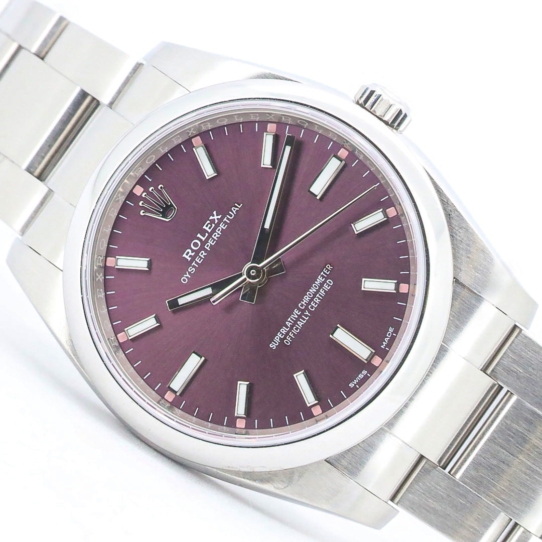 Rolex Oyster Perpetual 34mm 114200 Red Grape Purple Stahl B&P Dif FR19254