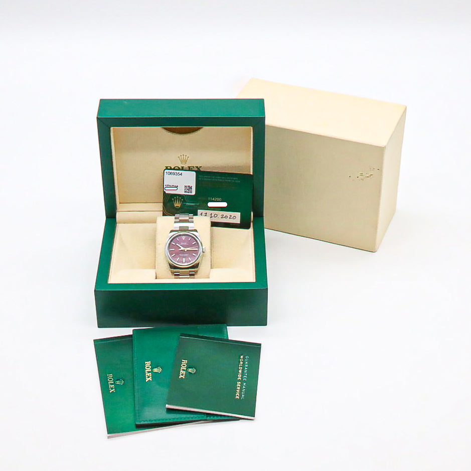 Rolex Oyster Perpetual 34mm 114200 Red Grape Purple Stahl B&P Dif FR19254