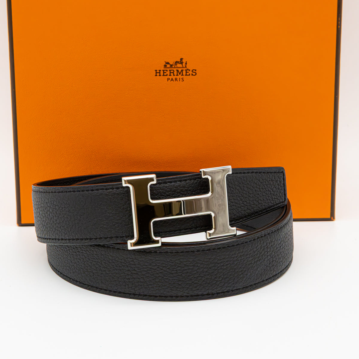 Hermès H Gürtel 32mm Wendbarer Lederriemen Schwarz Palladium H-Schließe Damen Neu