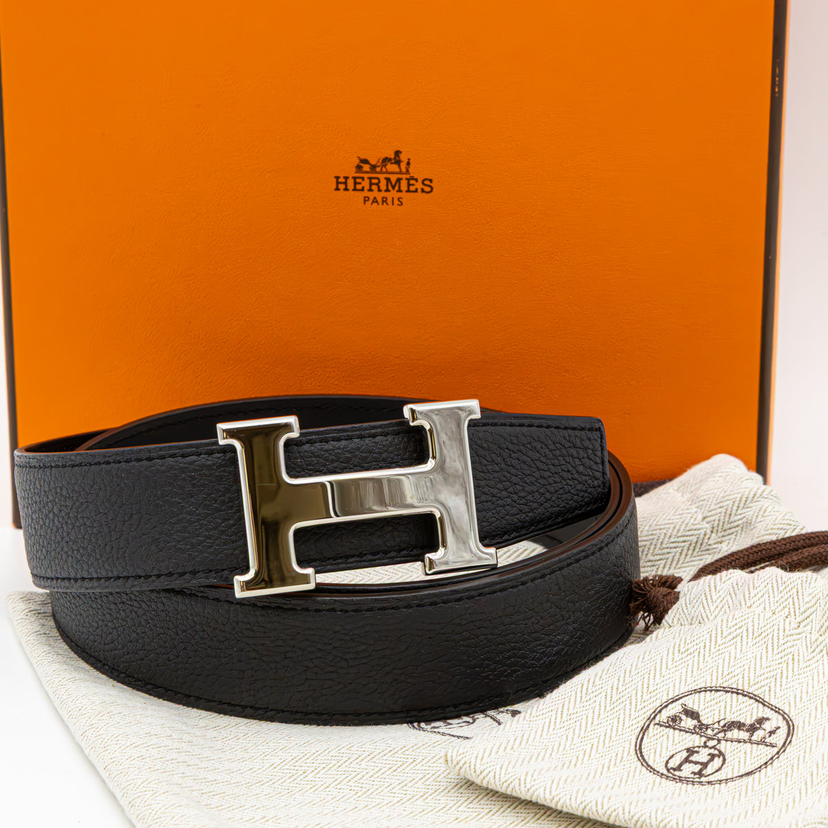 Hermès H Gürtel 32mm Wendbarer Lederriemen Schwarz Palladium H-Schließe Damen Neu