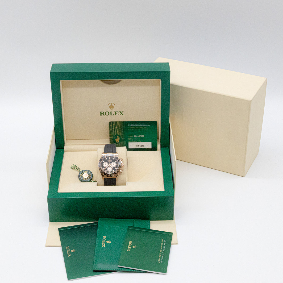 Rolex Daytona Cosmograph 40mm Oysterflex Rose Gold 126515LN Black Diamond Dial B&P Dif FR19528