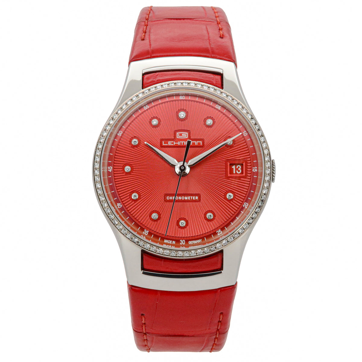 Lehmann Intemporal Diamonds 38mm LS0003-005-01-060404-05D Red Dial Alligator Edelstahl Dif34509 X