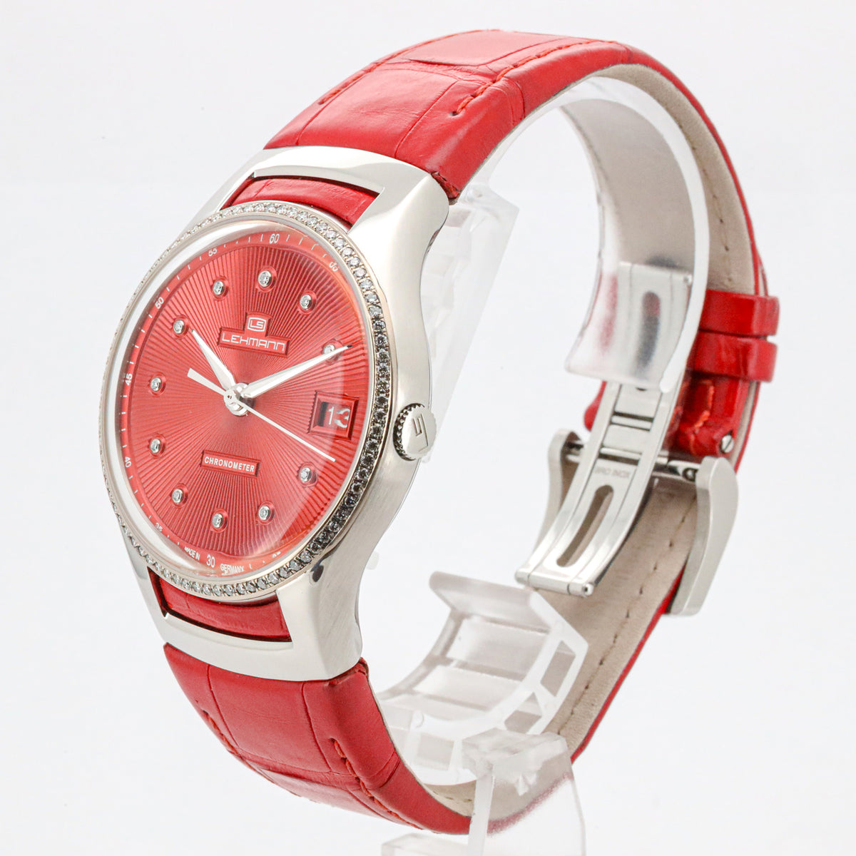 Lehmann Intemporal Diamonds 38mm LS0003-005-01-060404-05D Red Dial Alligator Edelstahl Dif34509 X