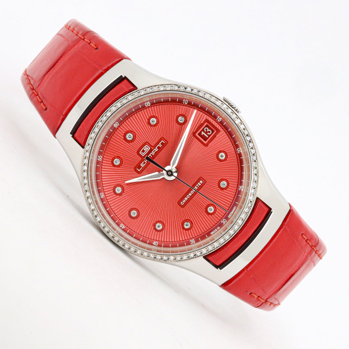 Lehmann Intemporal Diamonds 38mm LS0003-005-01-060404-05D Red Dial Alligator Edelstahl Dif34509 X
