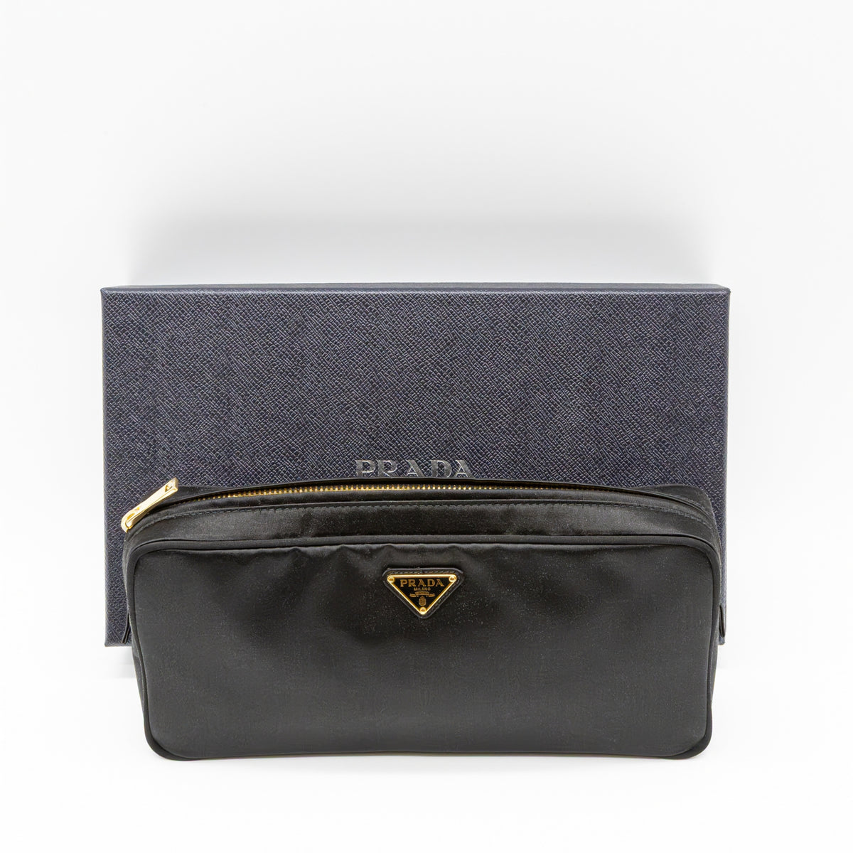 Prada Multi Zip Pouch Clutch Schwarz Satin Pochette Kosmetiktasche
