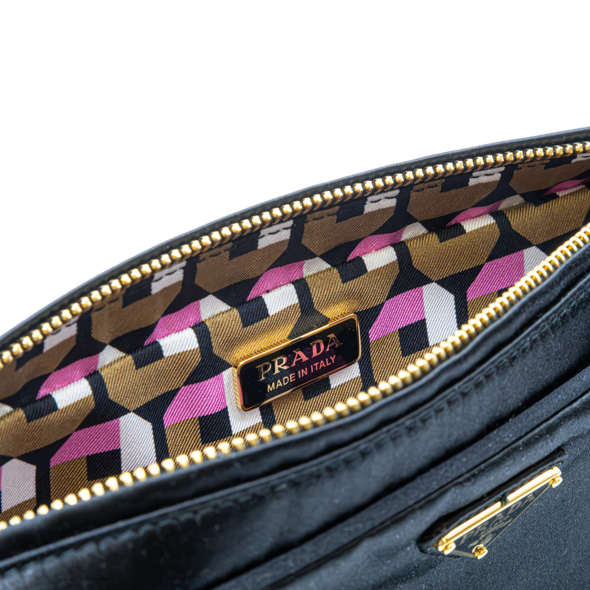 Prada Multi Zip Pouch Clutch Schwarz Satin Pochette Kosmetiktasche