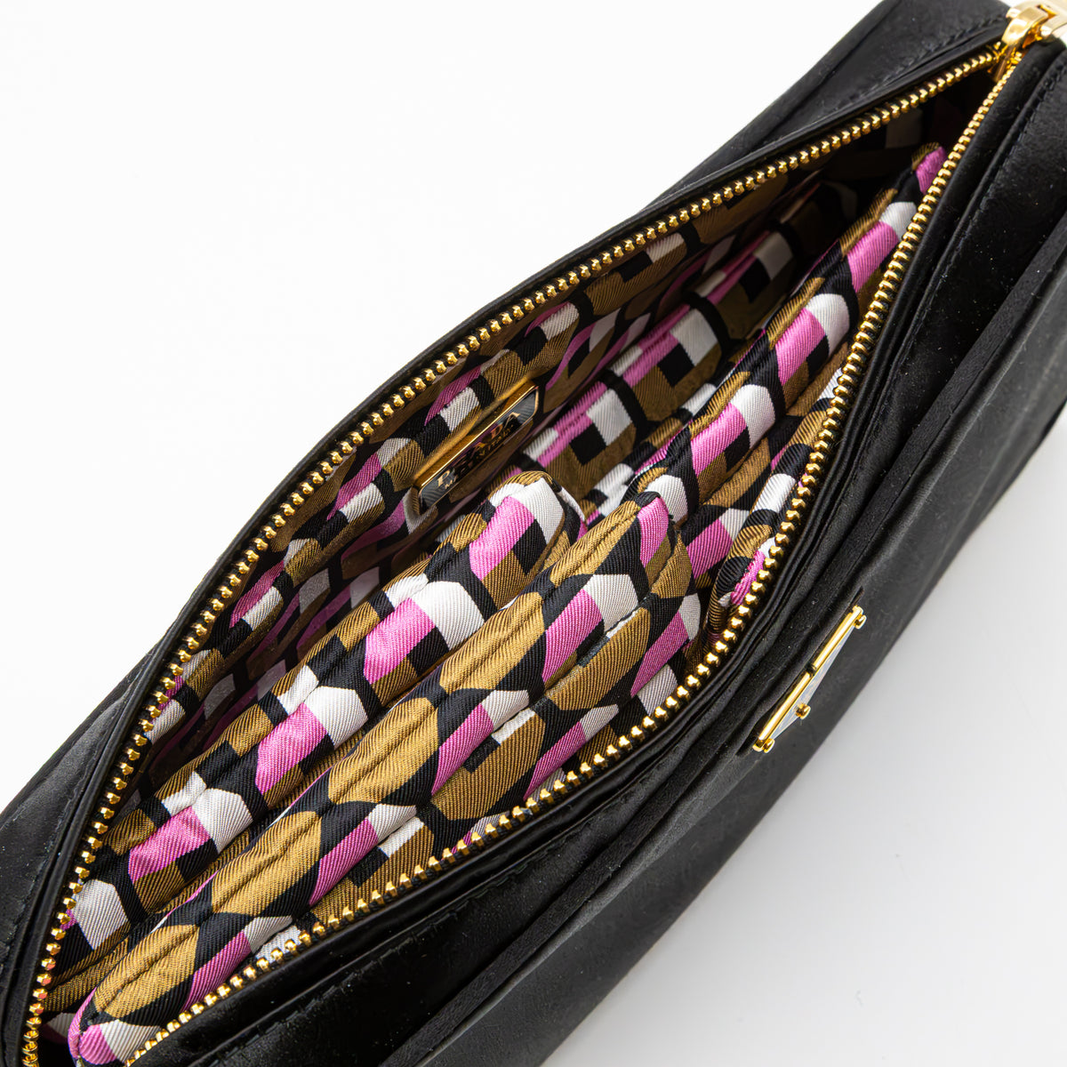 Prada Multi Zip Pouch Clutch Schwarz Satin Pochette Kosmetiktasche