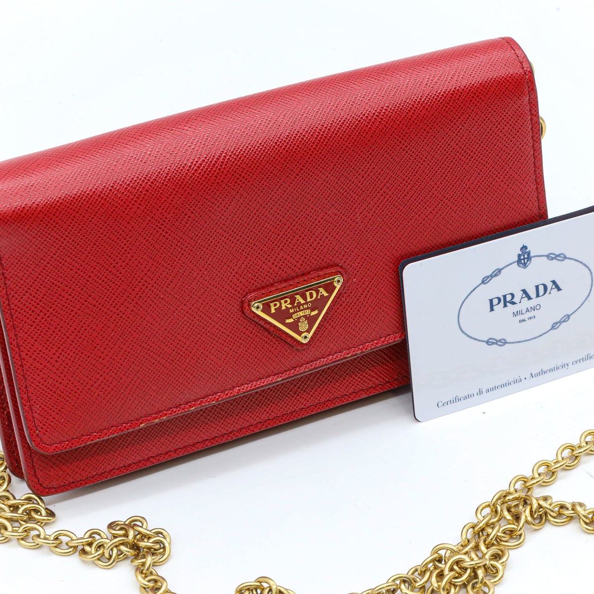 Prada Saffiano Leder Mini Bandoliera Rot Umhängetasche Crossbody Clutch Goldkette