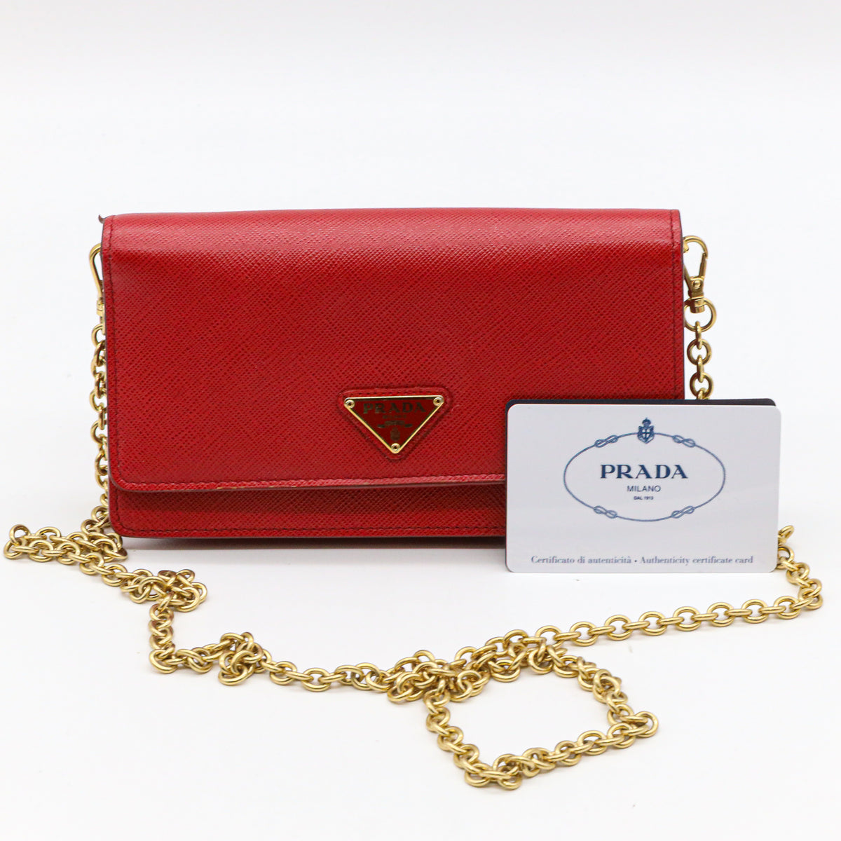Prada Saffiano Leder Mini Bandoliera Rot Umhängetasche Crossbody Clutch Goldkette
