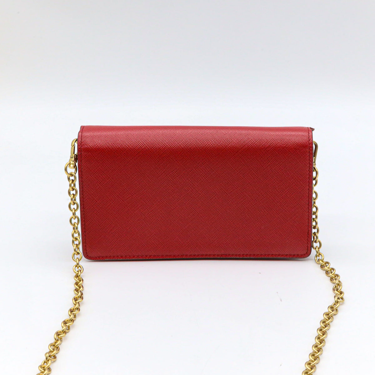 Prada Saffiano Leder Mini Bandoliera Rot Umhängetasche Crossbody Clutch Goldkette