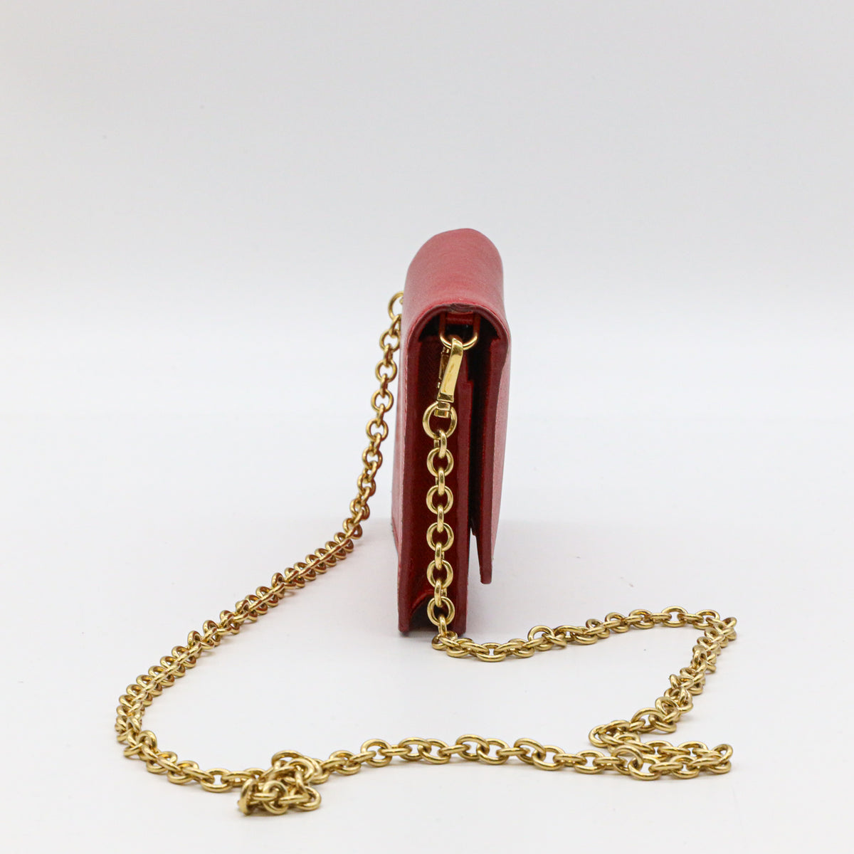 Prada Saffiano Leder Mini Bandoliera Rot Umhängetasche Crossbody Clutch Goldkette