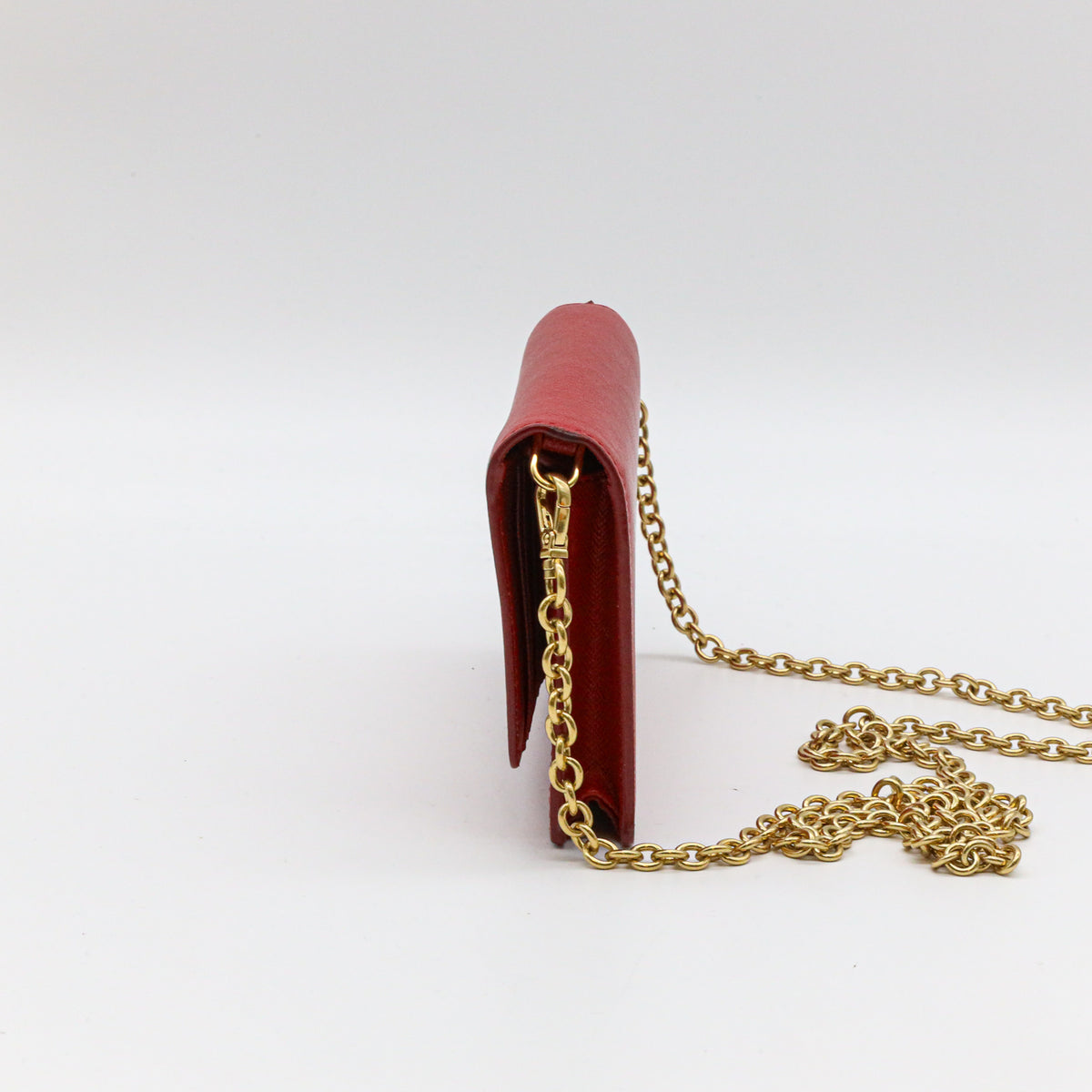 Prada Saffiano Leder Mini Bandoliera Rot Umhängetasche Crossbody Clutch Goldkette