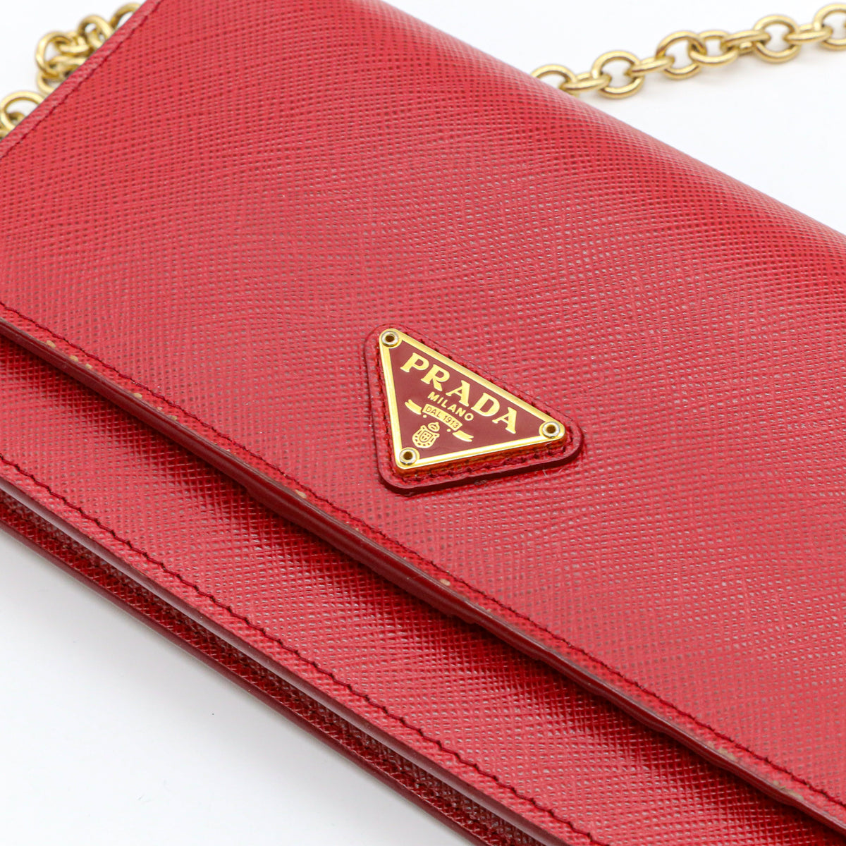 Prada Saffiano Leder Mini Bandoliera Rot Umhängetasche Crossbody Clutch Goldkette