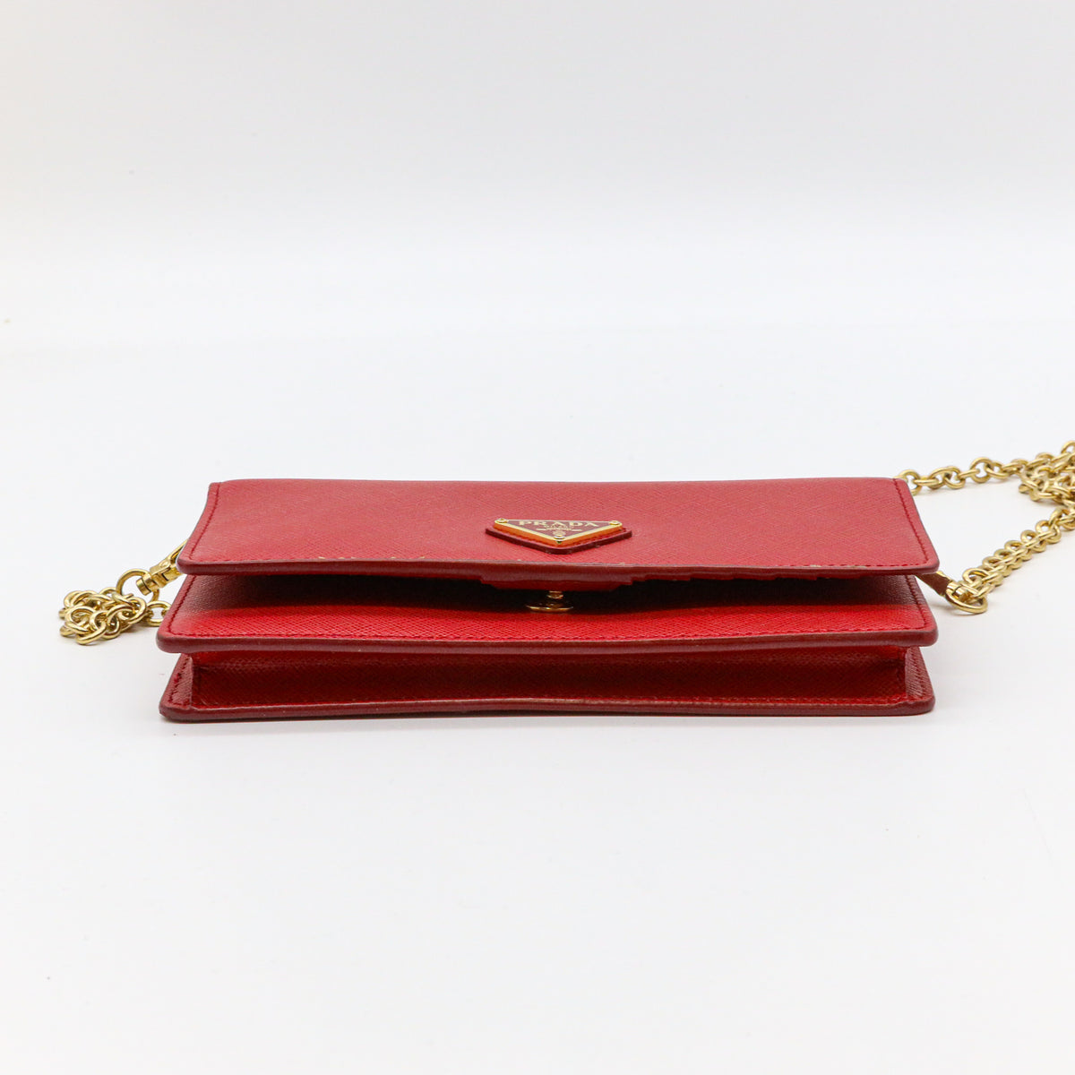 Prada Saffiano Leder Mini Bandoliera Rot Umhängetasche Crossbody Clutch Goldkette