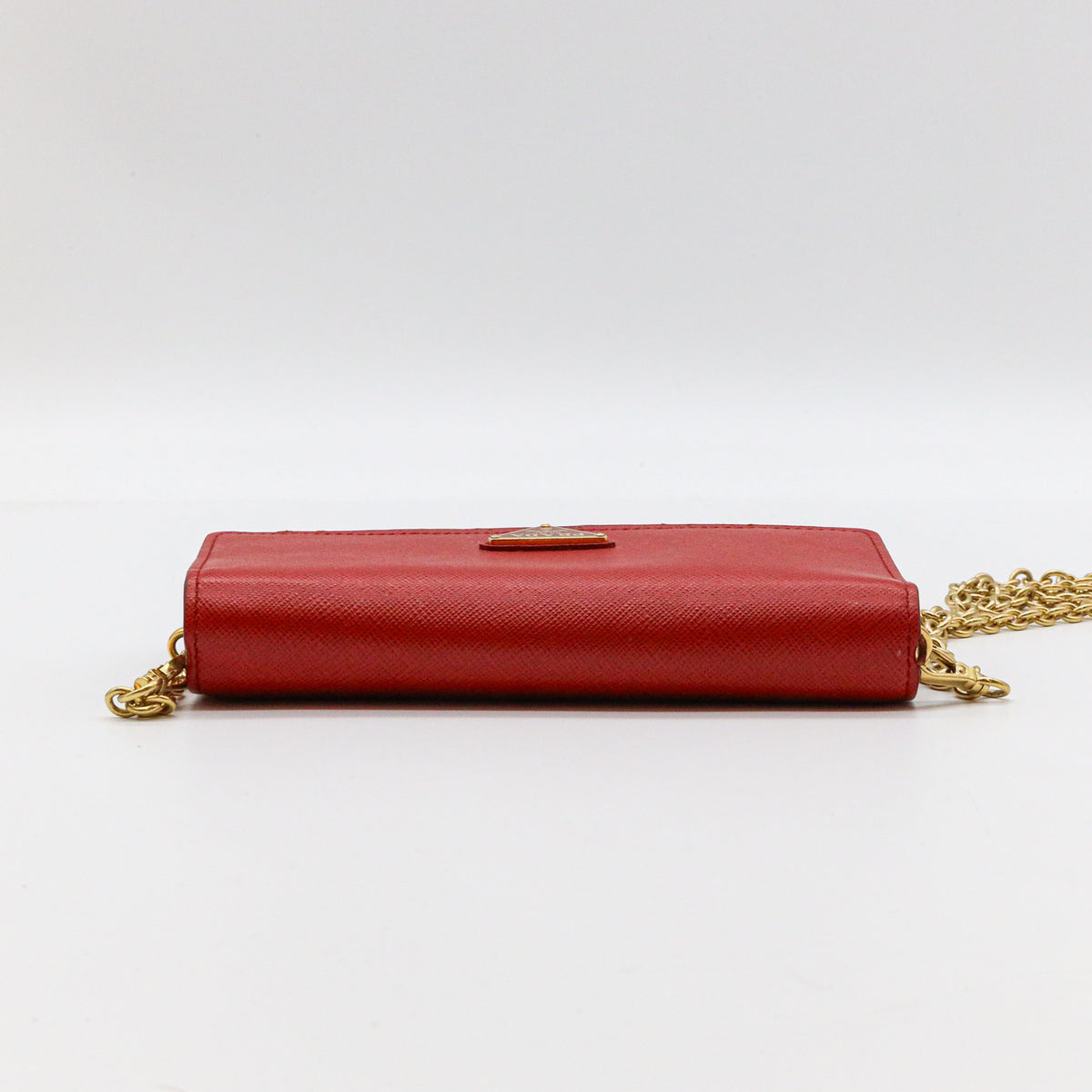 Prada Saffiano Leder Mini Bandoliera Rot Umhängetasche Crossbody Clutch Goldkette