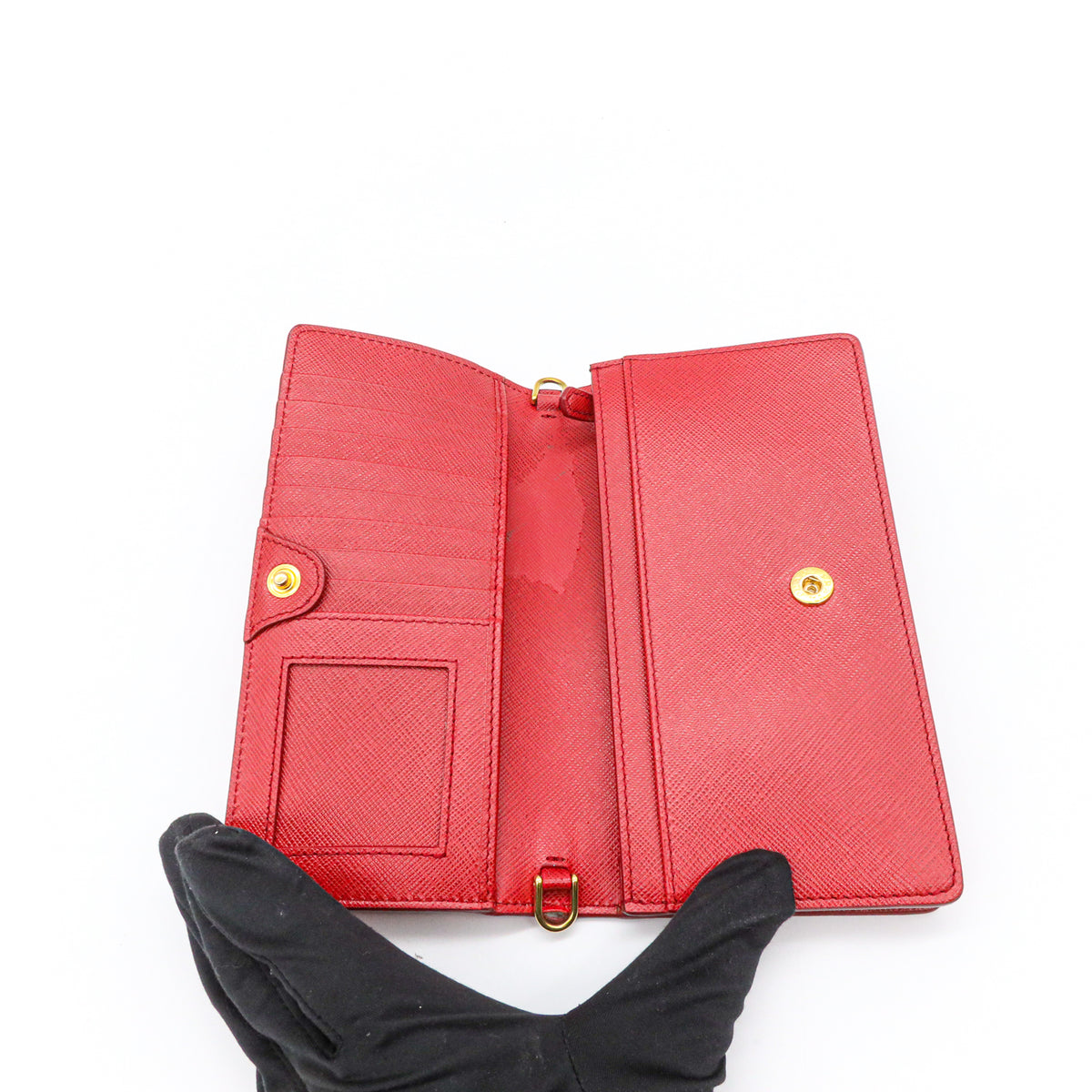 Prada Saffiano Leder Mini Bandoliera Rot Umhängetasche Crossbody Clutch Goldkette