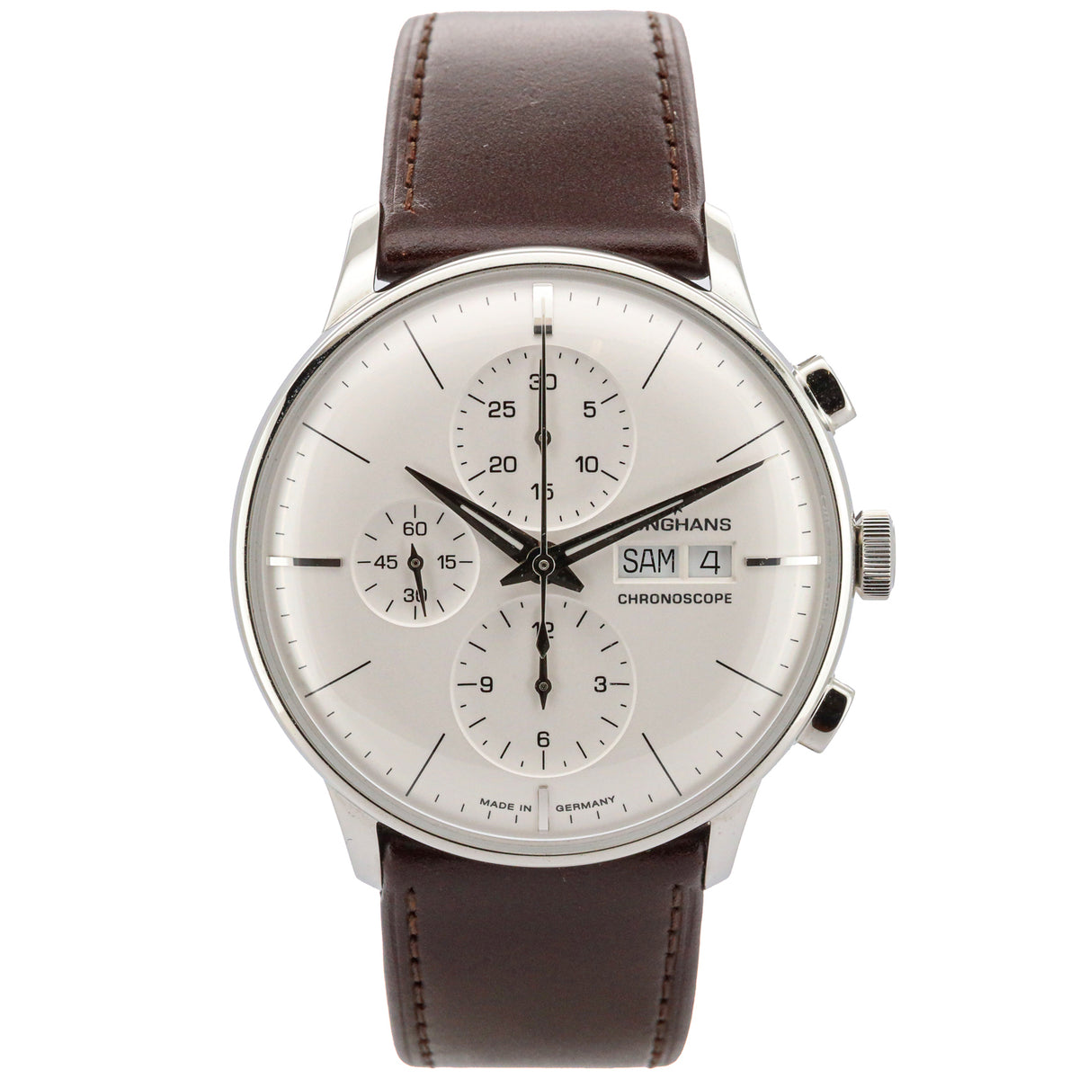 Junghans Meister Chronoscope Edelstahl Leder Silver Dial orig.Box