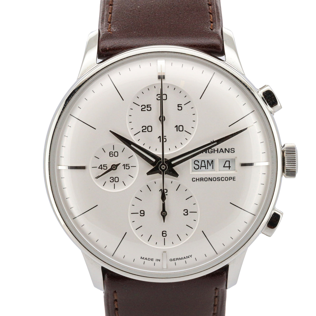 Junghans Meister Chronoscope Edelstahl Leder Silver Dial orig.Box