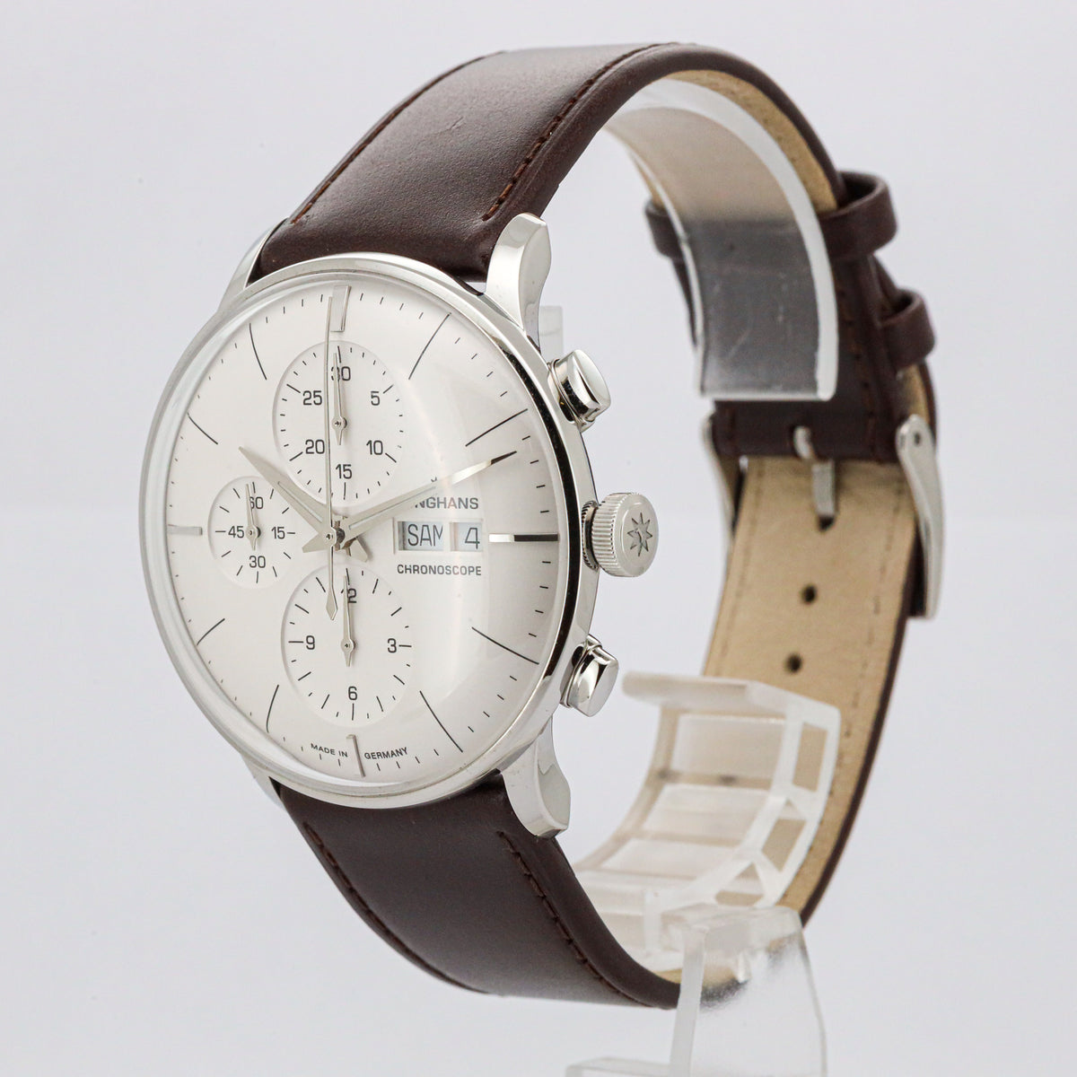 Junghans Meister Chronoscope Edelstahl Leder Silver Dial orig.Box
