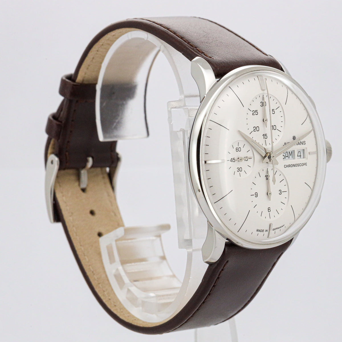 Junghans Meister Chronoscope Edelstahl Leder Silver Dial orig.Box