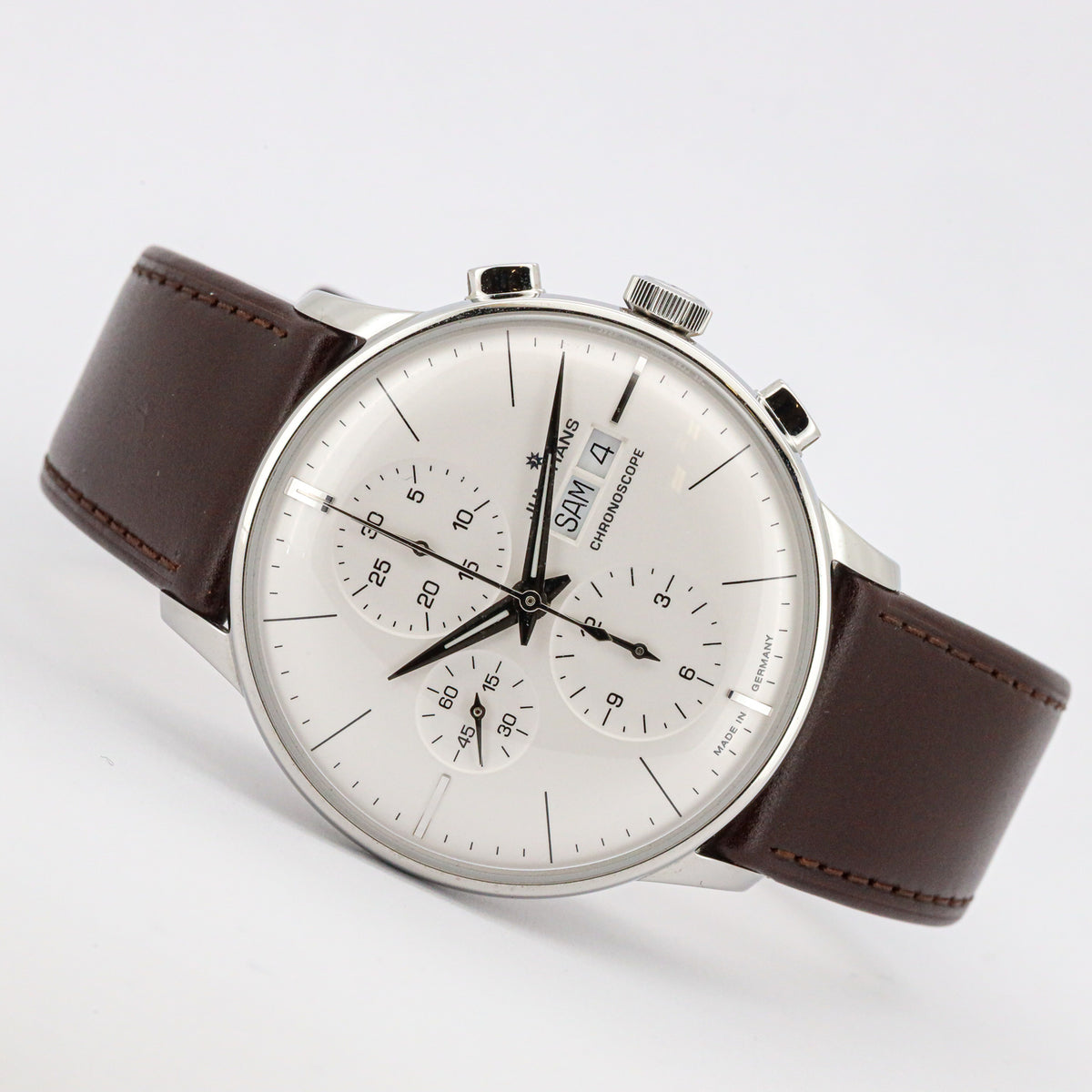 Junghans Meister Chronoscope Edelstahl Leder Silver Dial orig.Box