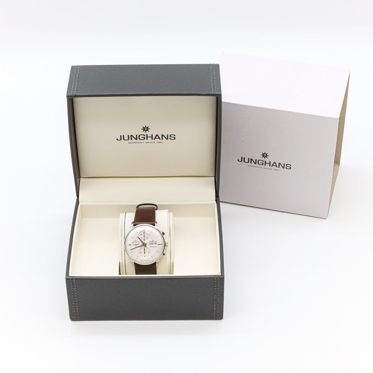 Junghans Meister Chronoscope Edelstahl Leder Silver Dial orig.Box