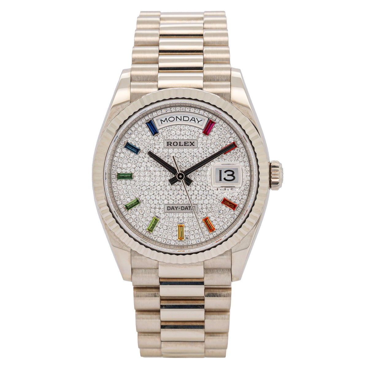 Rolex Day-Date 36 128239 18K White Gold Rainbow Diamond Paved President