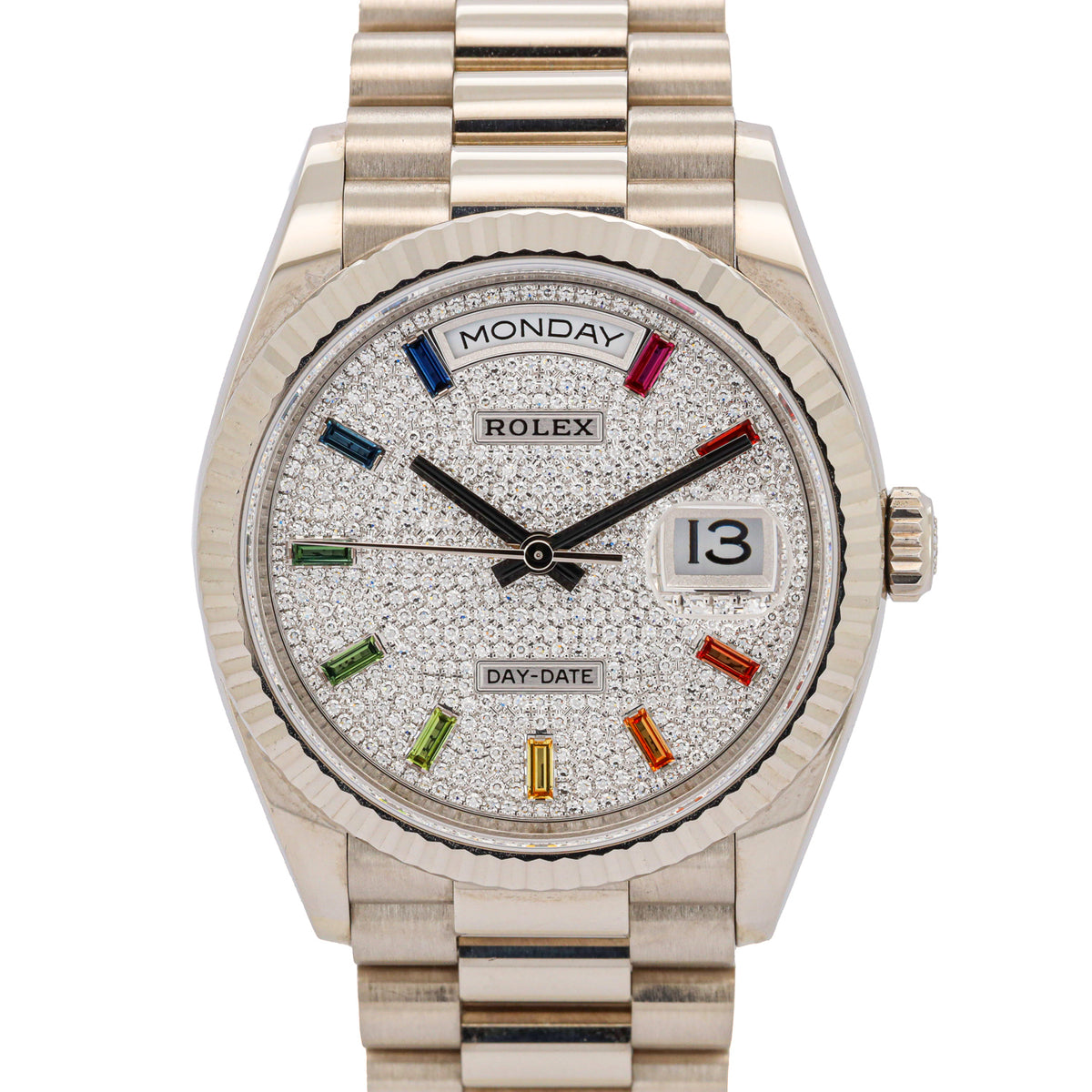 Rolex Day-Date 36 128239 18K White Gold Rainbow Diamond Paved President