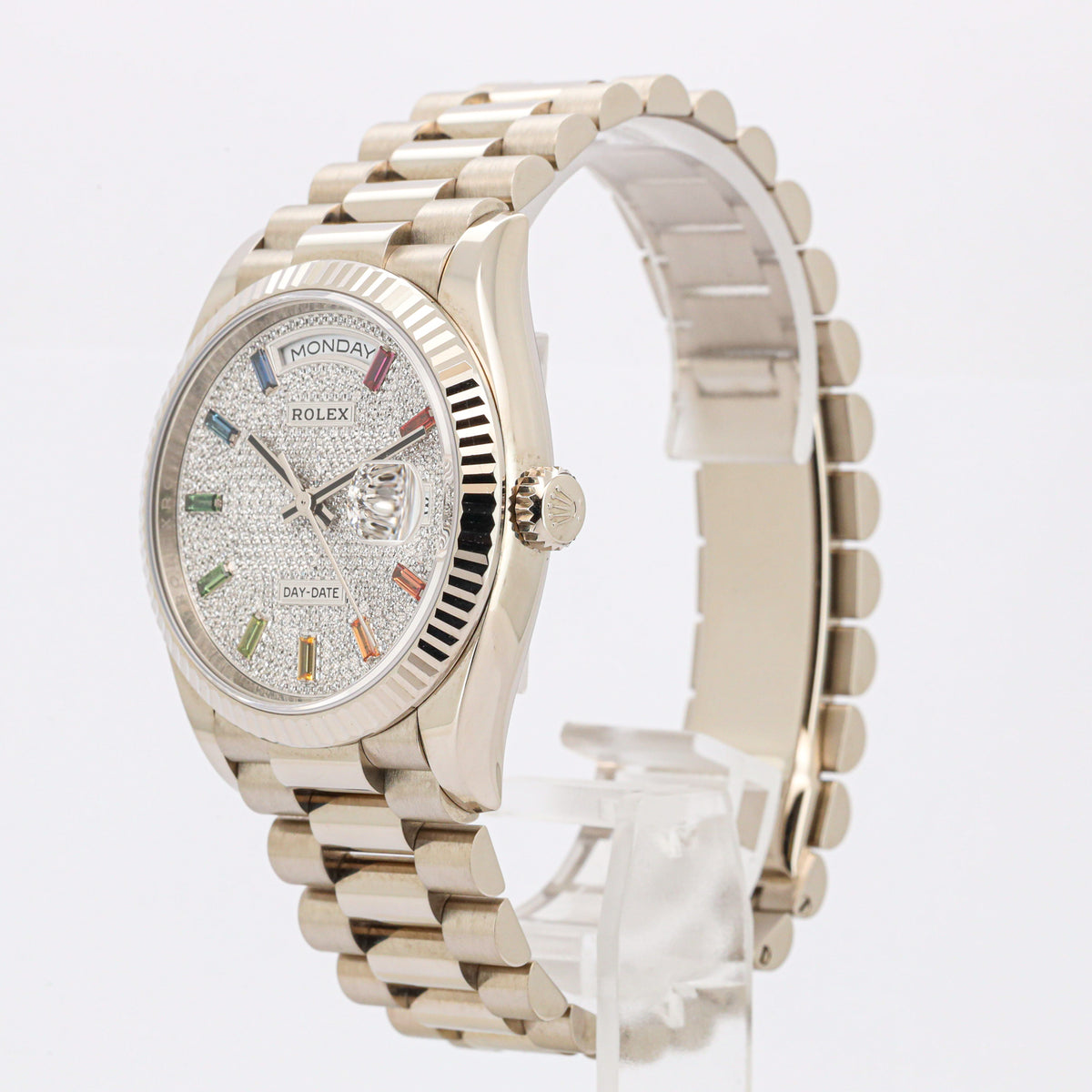 Rolex Day-Date 36 128239 18K White Gold Rainbow Diamond Paved President