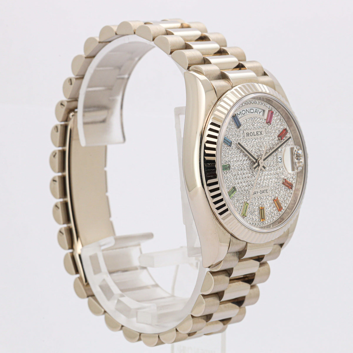 Rolex Day-Date 36 128239 18K White Gold Rainbow Diamond Paved President