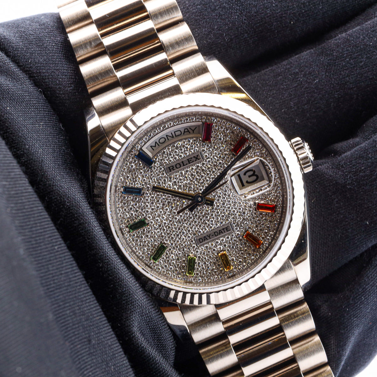 Rolex Day-Date 36 128239 18K White Gold Rainbow Diamond Paved President