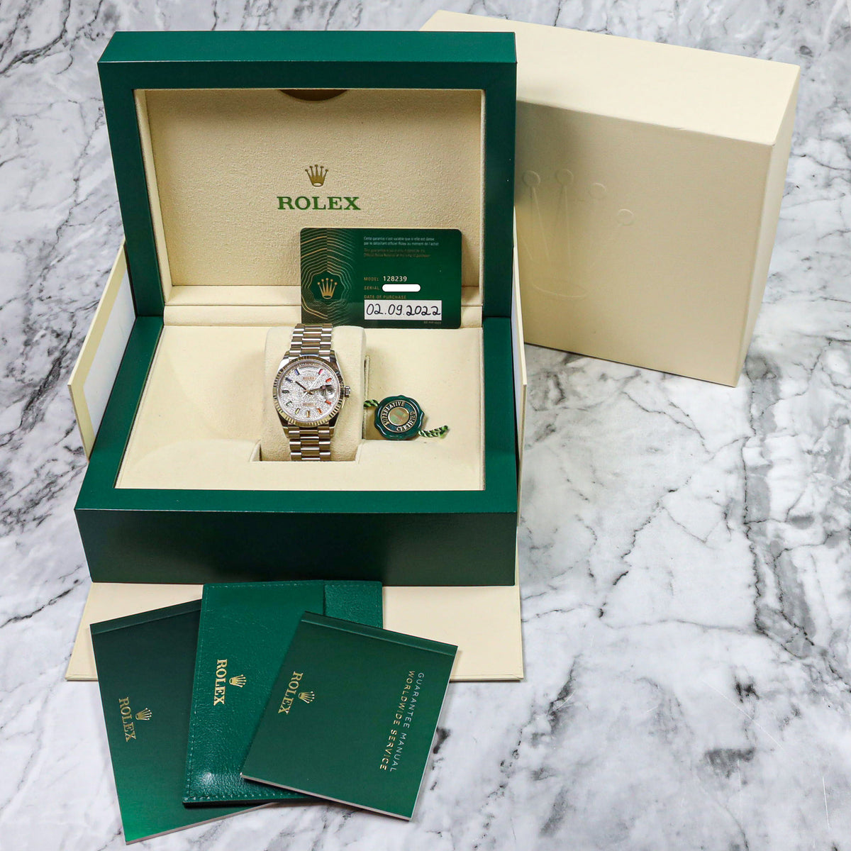 Rolex Day-Date 36 128239 18K White Gold Rainbow Diamond Paved President