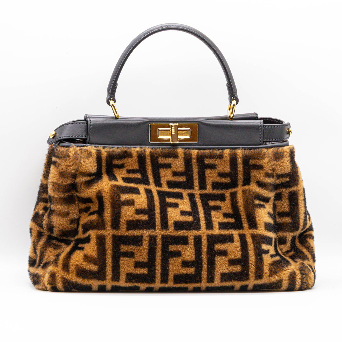 Fendi Peekaboo Regular Montone FF Shearling Handtasche Braun Komplett Top Zustand