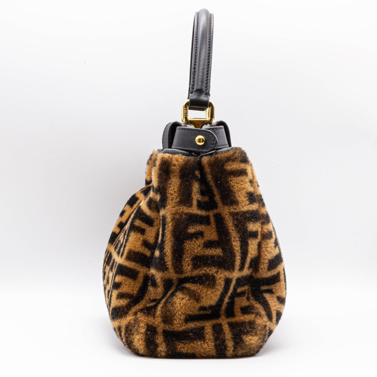 Fendi Peekaboo Regular Montone FF Shearling Handtasche Braun Komplett Top Zustand