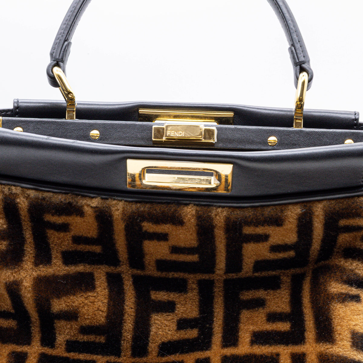 Fendi Peekaboo Regular Montone FF Shearling Handtasche Braun Komplett Top Zustand