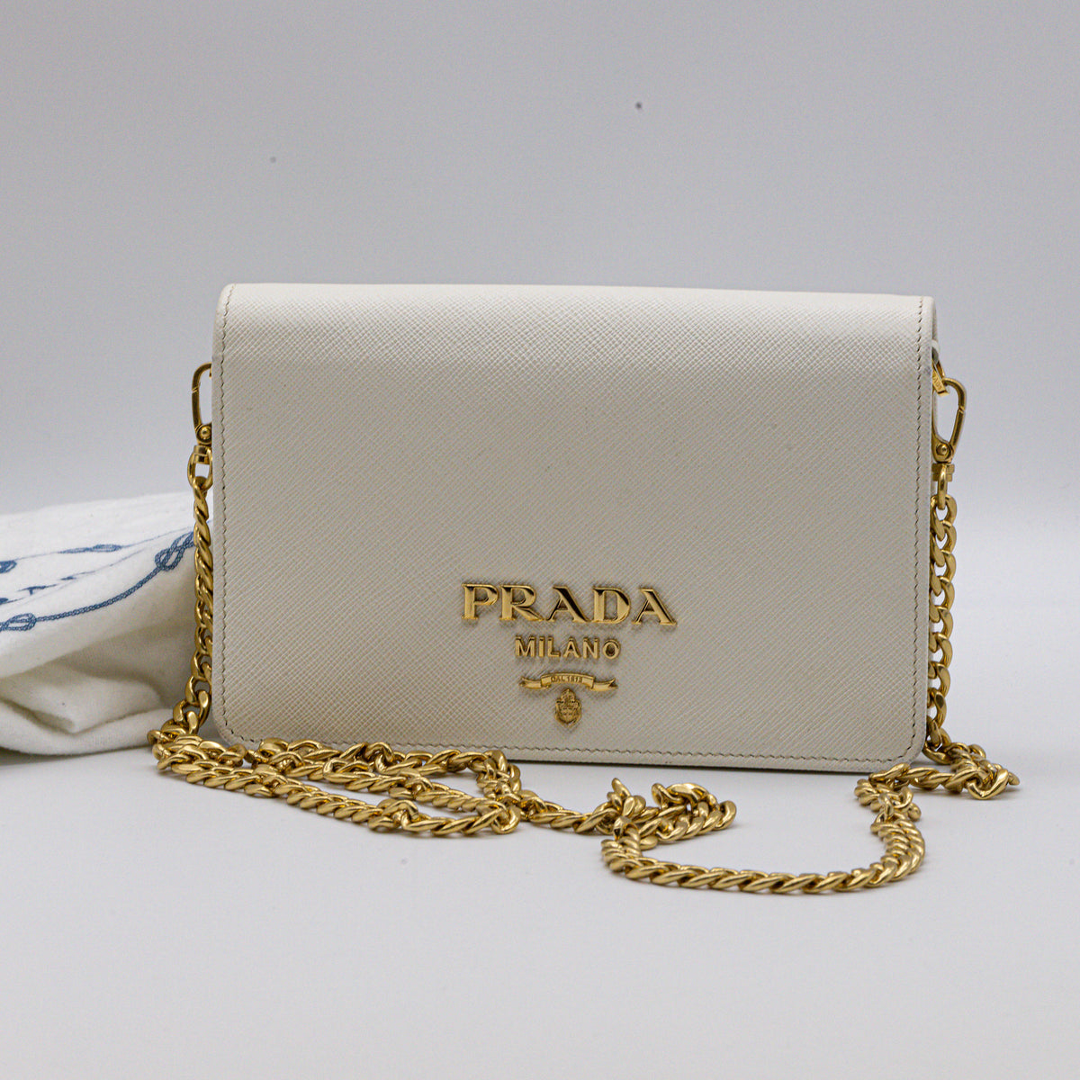 Prada Saffiano Leder Umhängetasche Weiß Gold Chain Crossbody