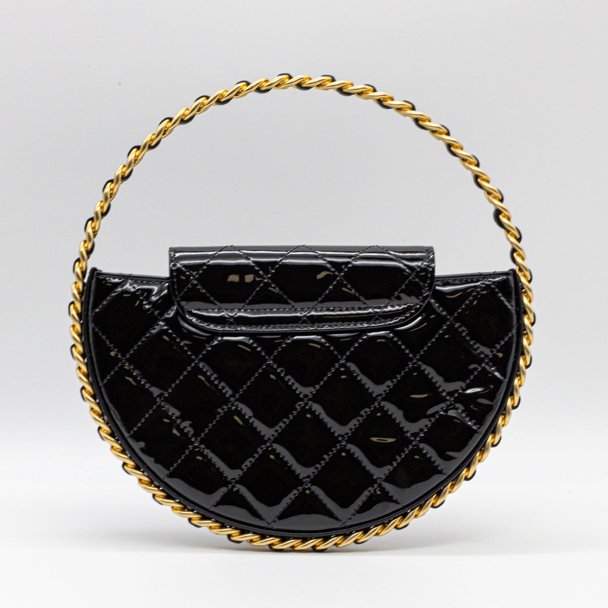 Chanel Chain Around Hoop Top Handle Bag Schwarz Lack Leder Tasche Patent Quilted